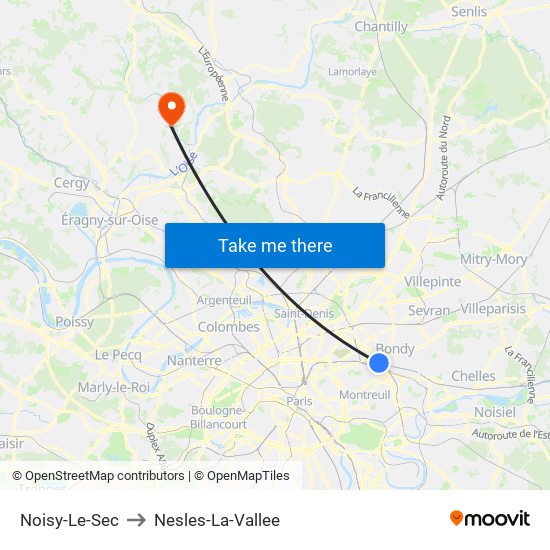 Noisy-Le-Sec to Nesles-La-Vallee map