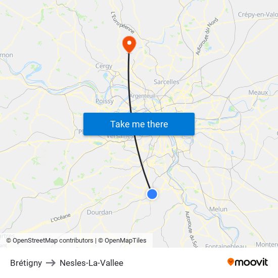 Brétigny to Nesles-La-Vallee map