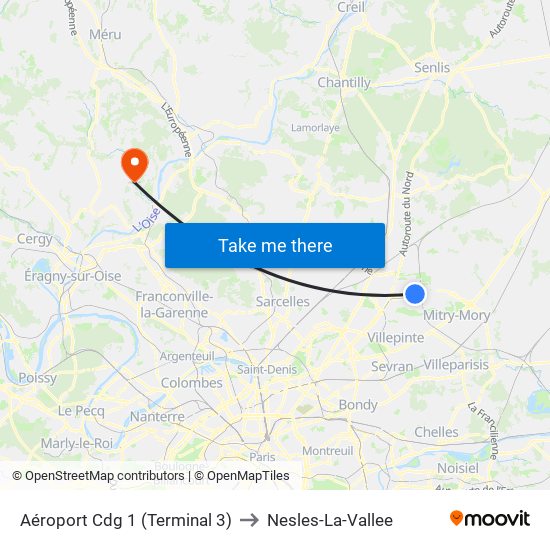 Aéroport Cdg 1 (Terminal 3) to Nesles-La-Vallee map