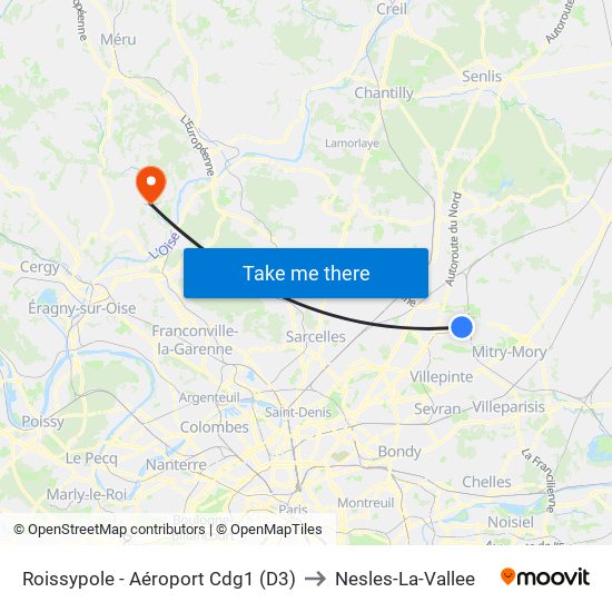 Roissypole - Aéroport Cdg1 (D3) to Nesles-La-Vallee map