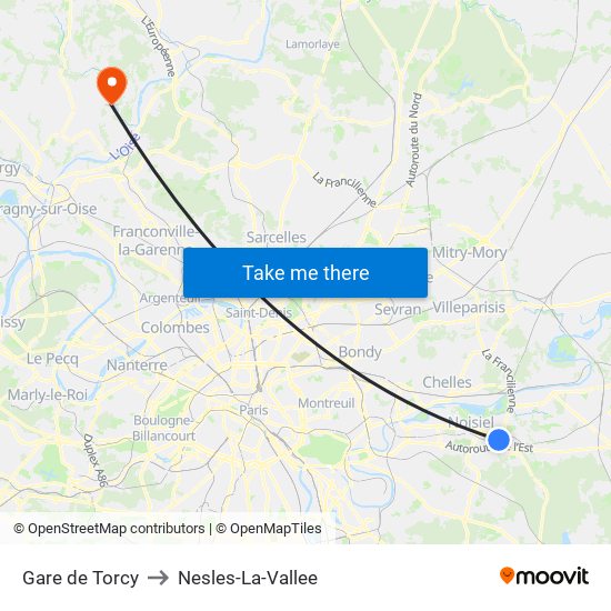 Gare de Torcy to Nesles-La-Vallee map