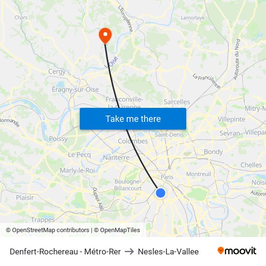 Denfert-Rochereau - Métro-Rer to Nesles-La-Vallee map