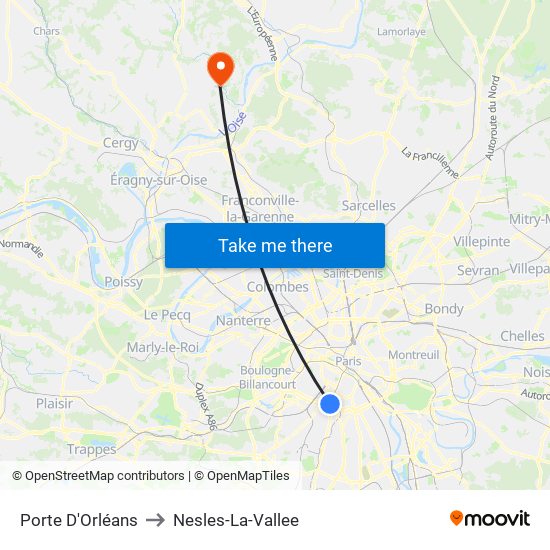 Porte D'Orléans to Nesles-La-Vallee map