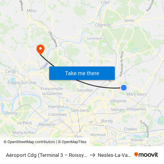 Aéroport Cdg (Terminal 3 – Roissypôle) to Nesles-La-Vallee map