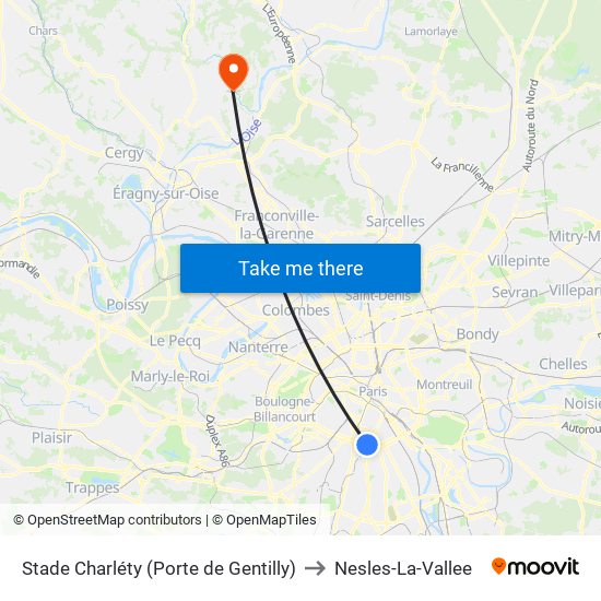 Stade Charléty (Porte de Gentilly) to Nesles-La-Vallee map