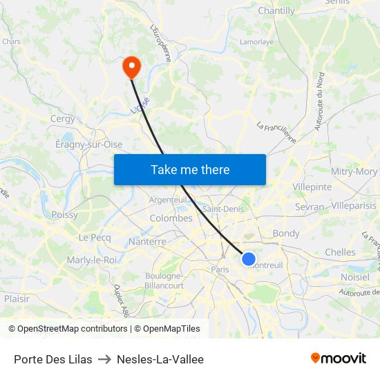 Porte Des Lilas to Nesles-La-Vallee map