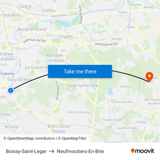 Boissy-Saint-Leger to Neufmoutiers-En-Brie map