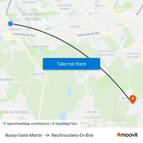 Bussy-Saint-Martin to Neufmoutiers-En-Brie map