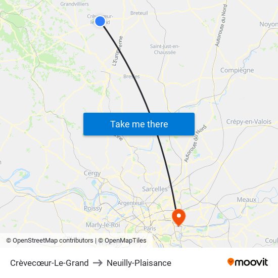 Crèvecœur-Le-Grand to Neuilly-Plaisance map