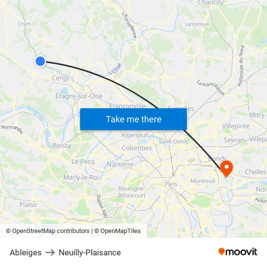 Ableiges to Neuilly-Plaisance map