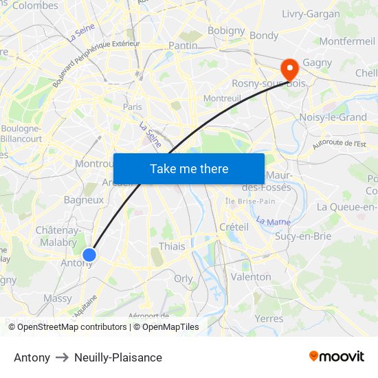 Antony to Neuilly-Plaisance map