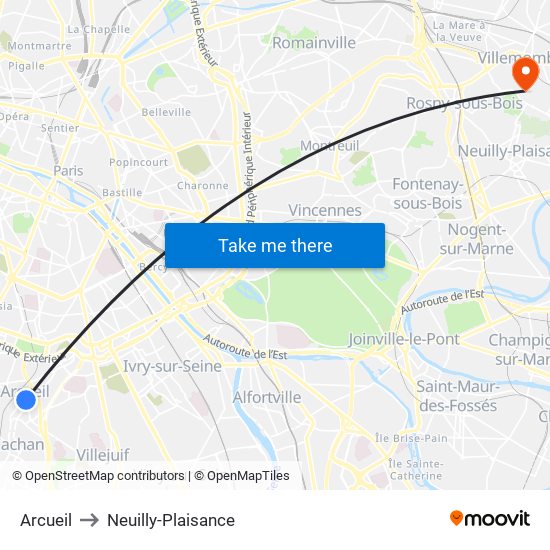 Arcueil to Neuilly-Plaisance map