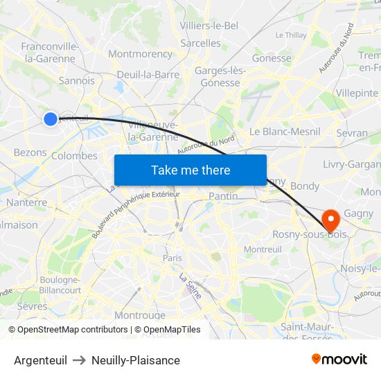 Argenteuil to Neuilly-Plaisance map