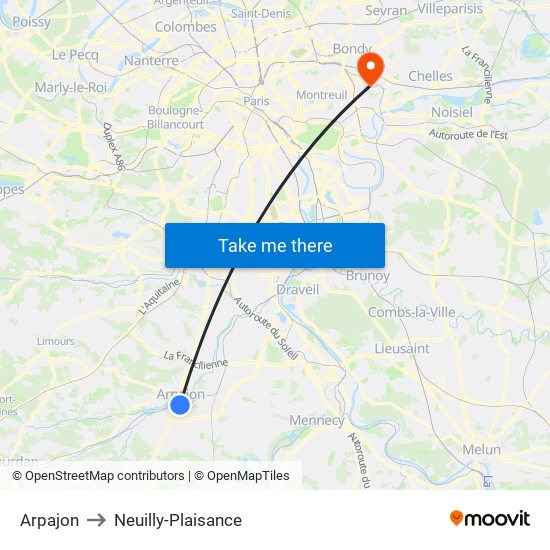 Arpajon to Neuilly-Plaisance map