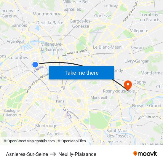 Asnieres-Sur-Seine to Neuilly-Plaisance map