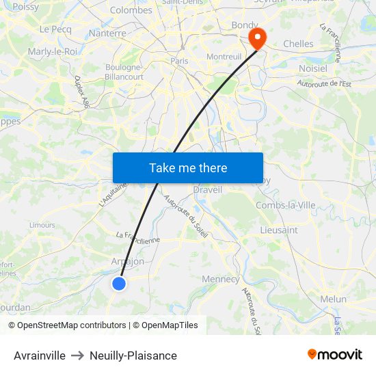 Avrainville to Neuilly-Plaisance map