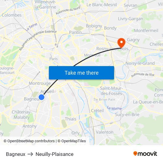 Bagneux to Neuilly-Plaisance map