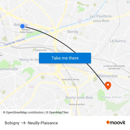 Bobigny to Neuilly-Plaisance map