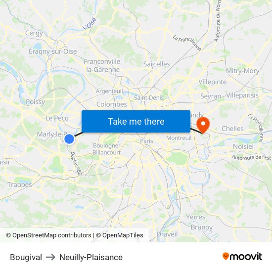 Bougival to Neuilly-Plaisance map