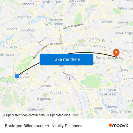 Boulogne-Billancourt to Neuilly-Plaisance map