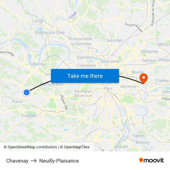 Chavenay to Neuilly-Plaisance map