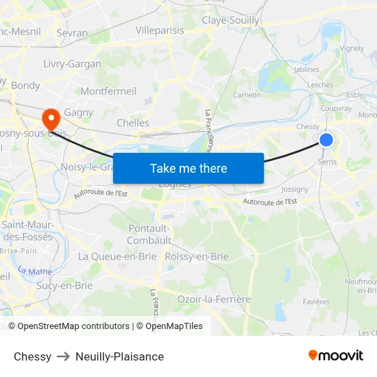Chessy to Neuilly-Plaisance map