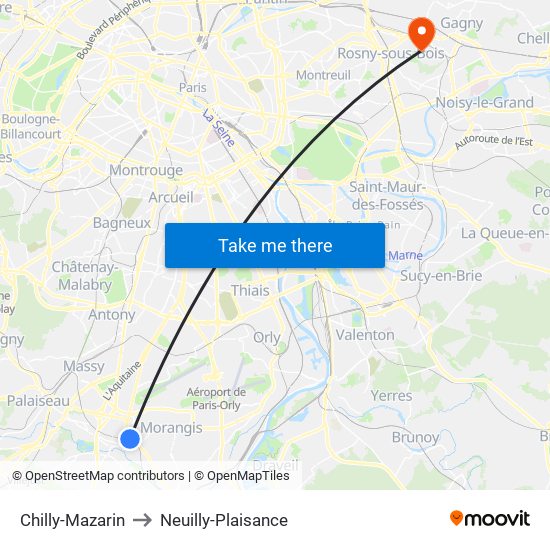 Chilly-Mazarin to Neuilly-Plaisance map