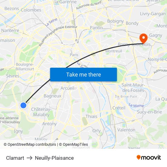 Clamart to Neuilly-Plaisance map