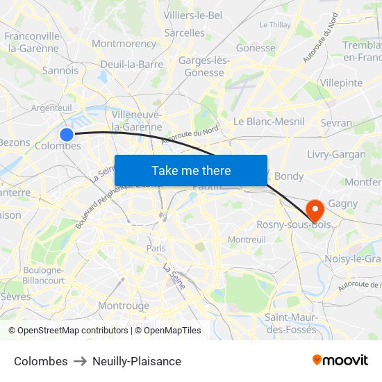 Colombes to Neuilly-Plaisance map