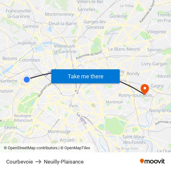 Courbevoie to Neuilly-Plaisance map