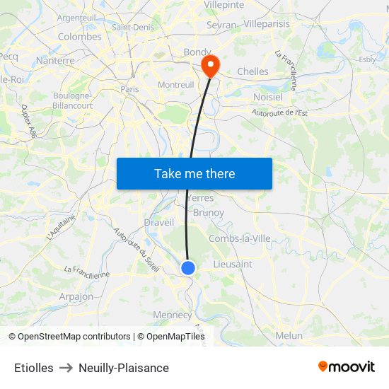 Etiolles to Neuilly-Plaisance map
