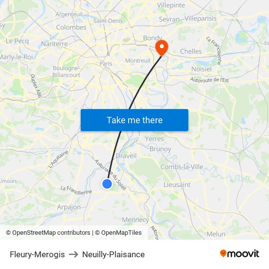 Fleury-Merogis to Neuilly-Plaisance map