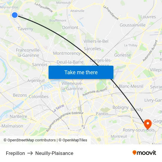 Frepillon to Neuilly-Plaisance map