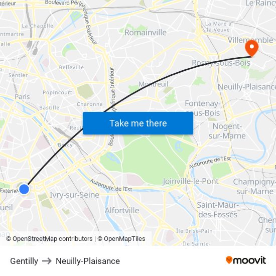 Gentilly to Neuilly-Plaisance map