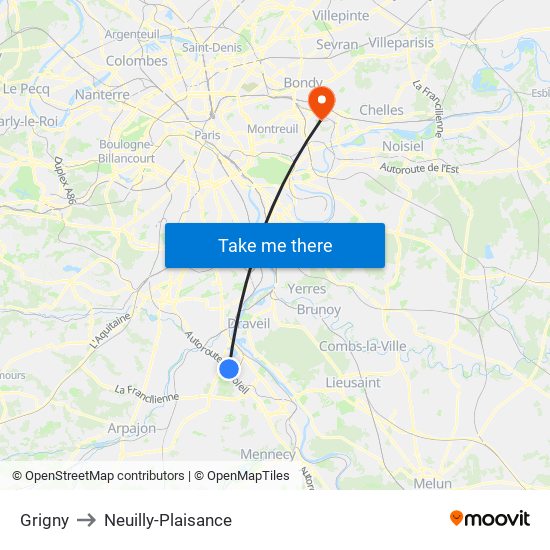 Grigny to Neuilly-Plaisance map