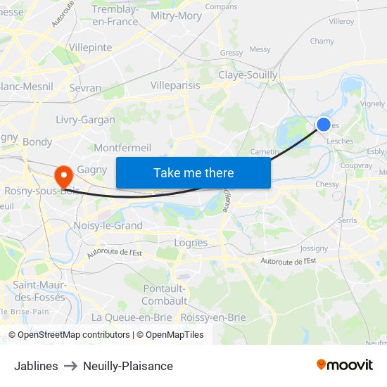 Jablines to Neuilly-Plaisance map