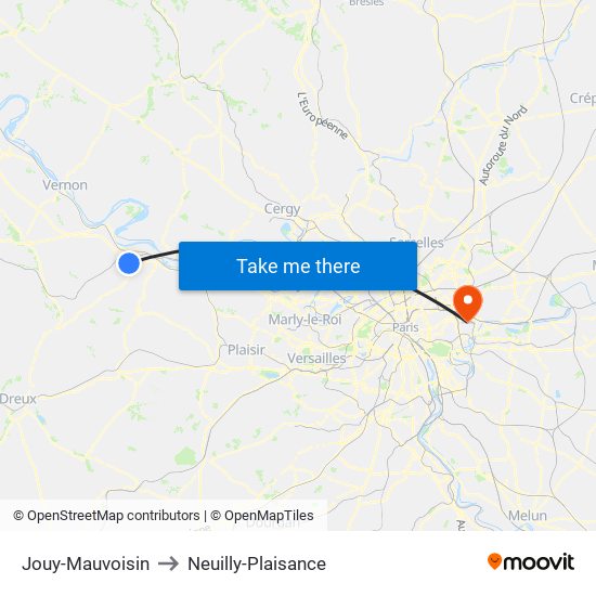 Jouy-Mauvoisin to Neuilly-Plaisance map