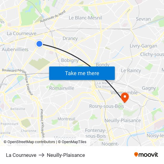 La Courneuve to Neuilly-Plaisance map