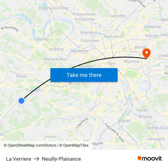 La Verriere to Neuilly-Plaisance map