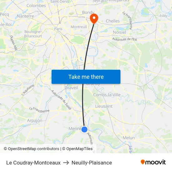 Le Coudray-Montceaux to Neuilly-Plaisance map