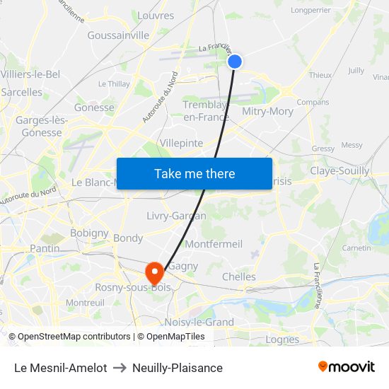 Le Mesnil-Amelot to Neuilly-Plaisance map