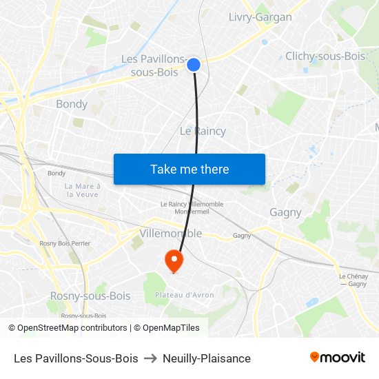 Les Pavillons-Sous-Bois to Neuilly-Plaisance map