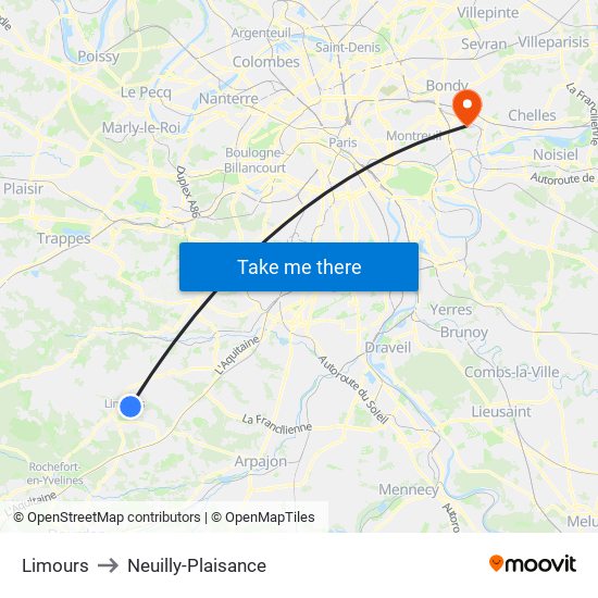 Limours to Neuilly-Plaisance map