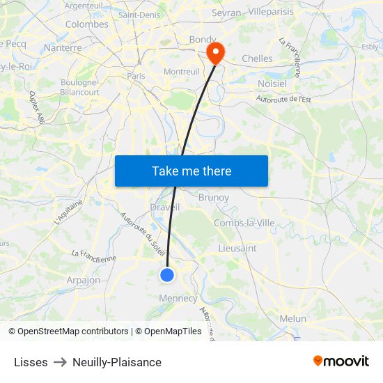 Lisses to Neuilly-Plaisance map