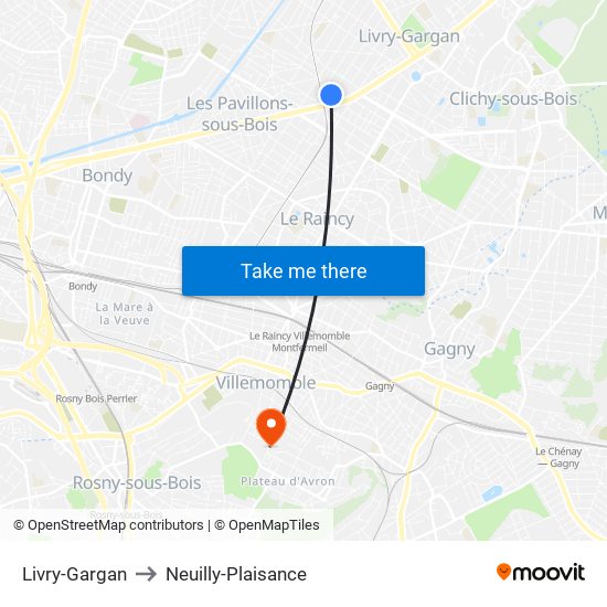 Livry-Gargan to Neuilly-Plaisance map