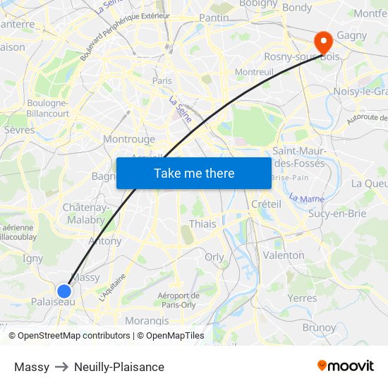 Massy to Neuilly-Plaisance map