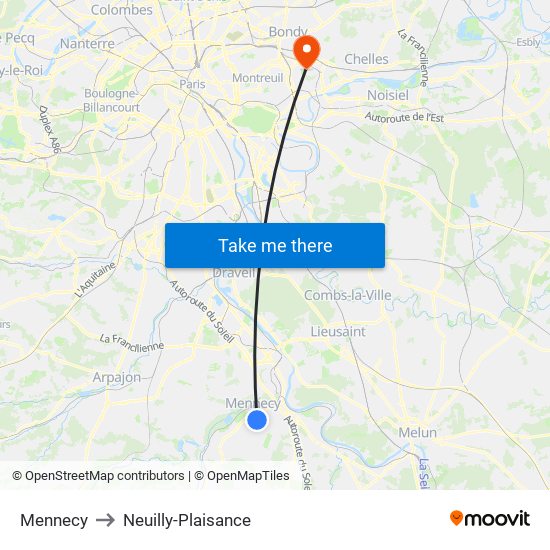 Mennecy to Neuilly-Plaisance map