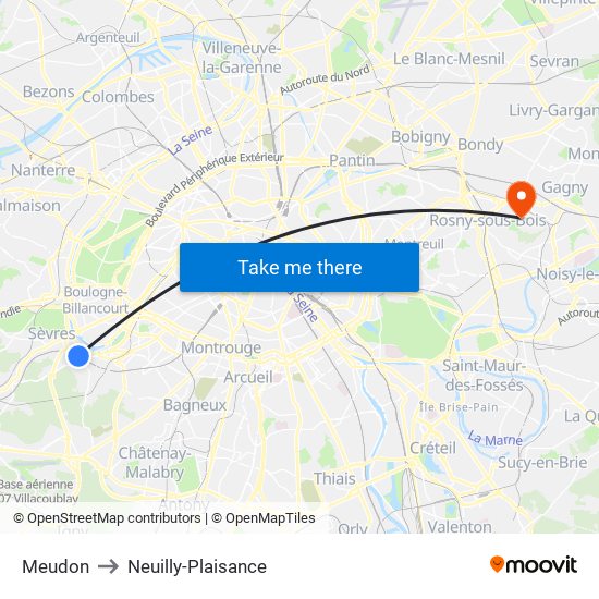 Meudon to Neuilly-Plaisance map