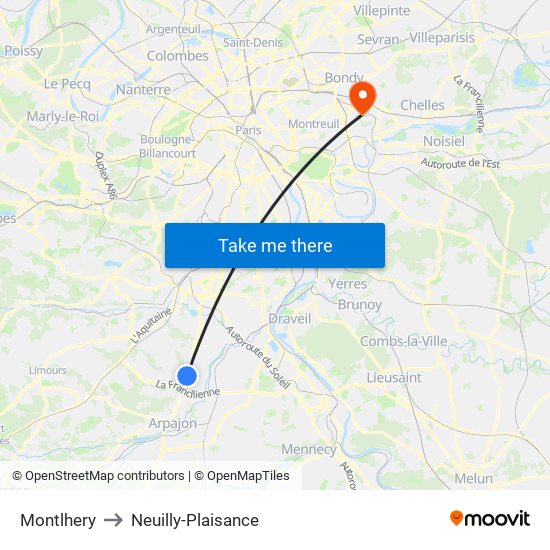 Montlhery to Neuilly-Plaisance map