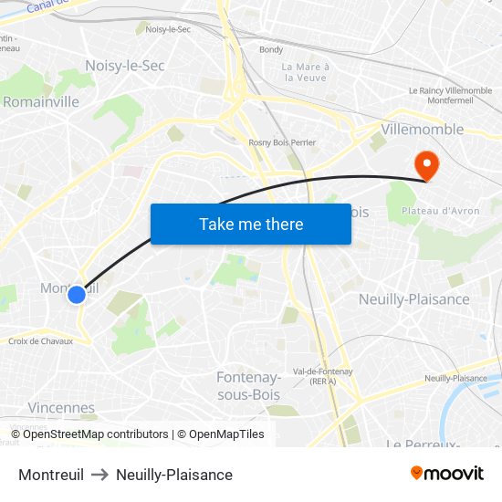 Montreuil to Neuilly-Plaisance map